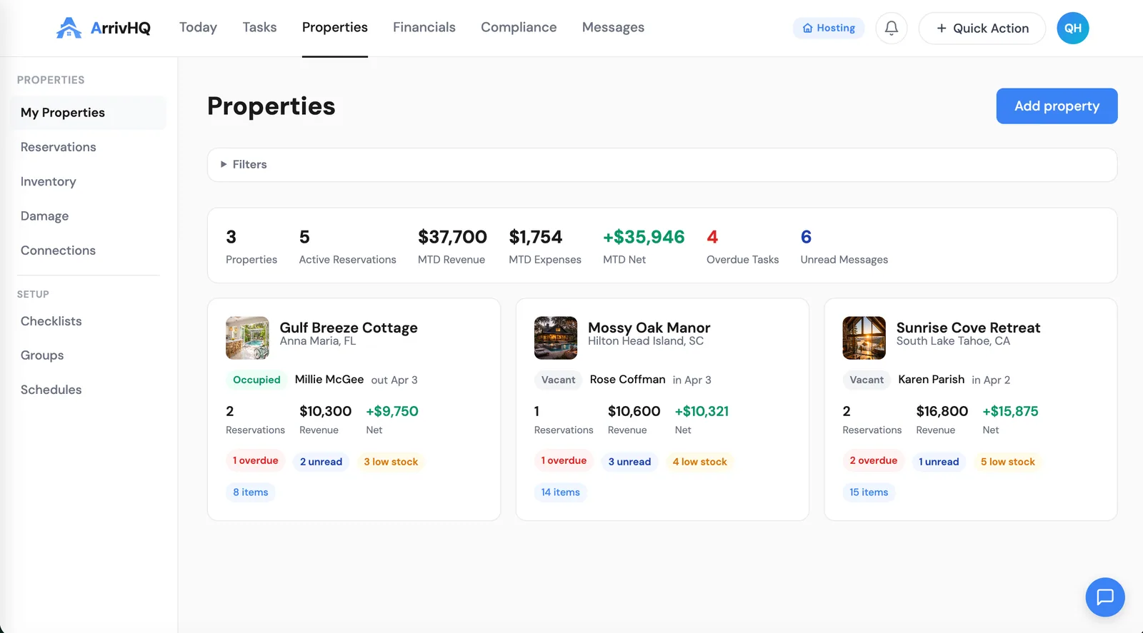 ArrivHQ dashboard showing today's check-ins, tasks, and upcoming reservations